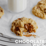 the best ever chewy chocolate chip cookie recipe with a glass of milk