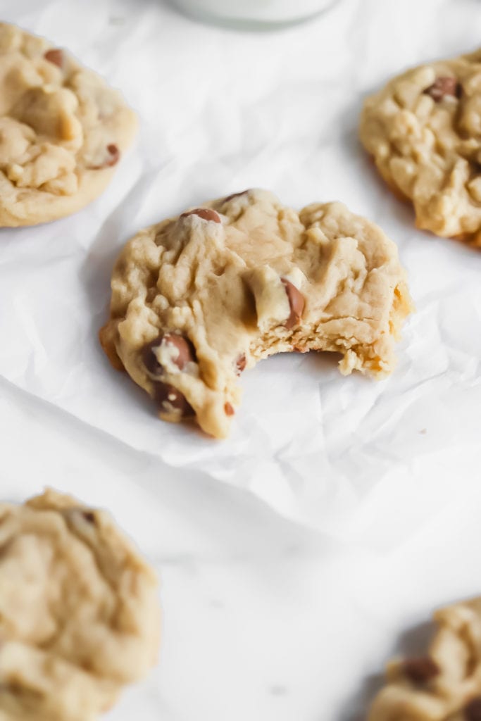 chewy soft homemade chocolate chip cookie recipe with a glass of milk