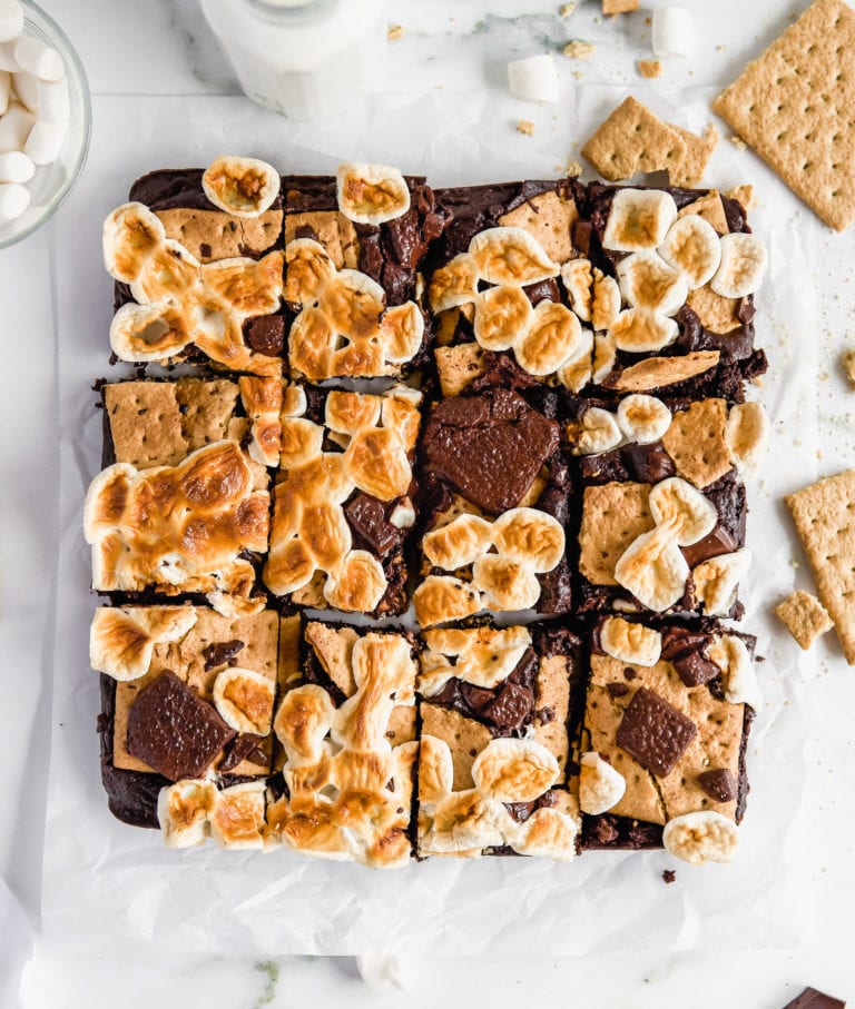 top down shot of rocky road brownies with mini marshmallows