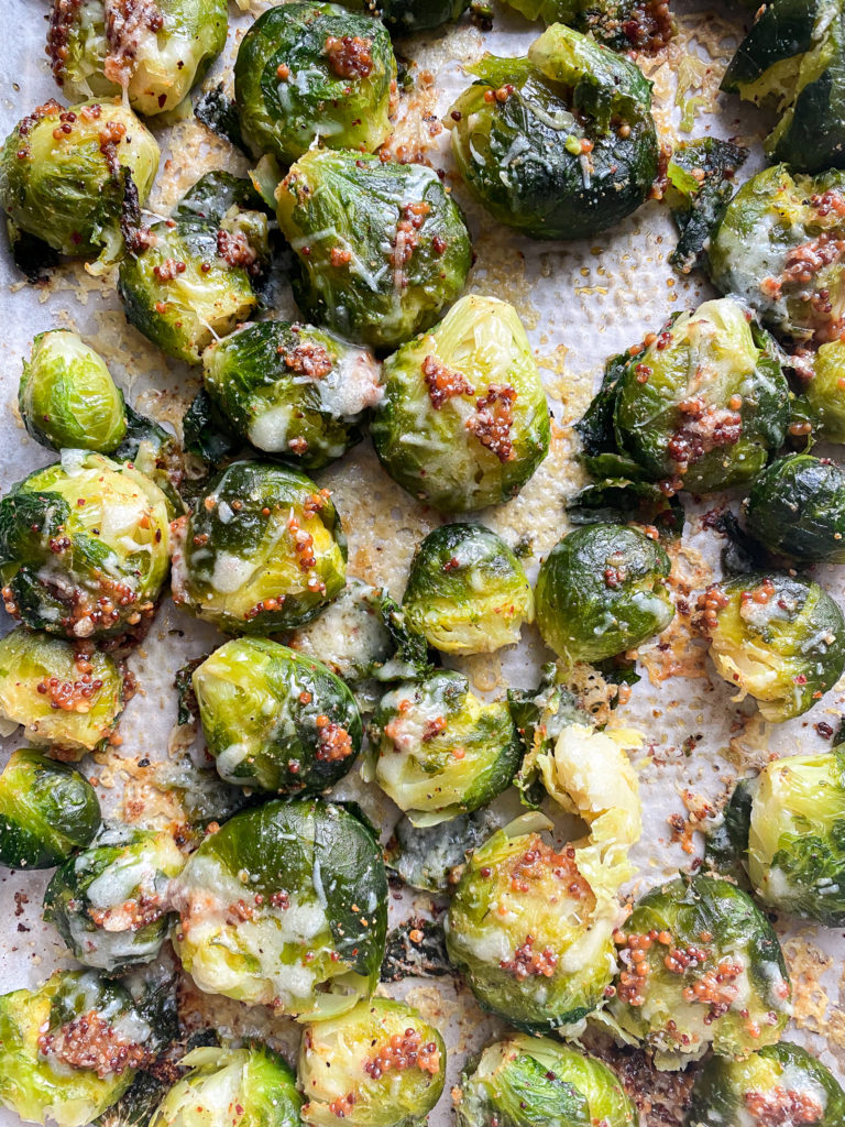 Roasted Brussels sprouts with honey and bacon and mustard