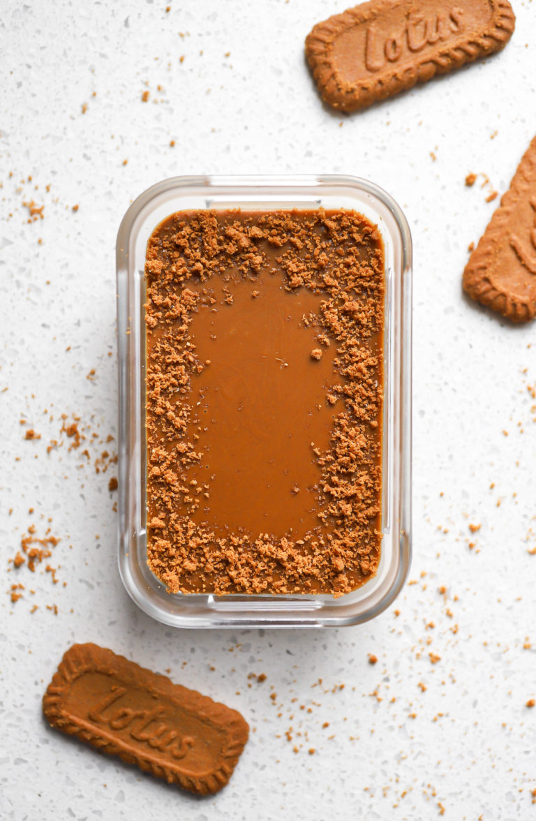 top down view of biscoff overnight oats with Lotus biscoff cookies in a glass dish