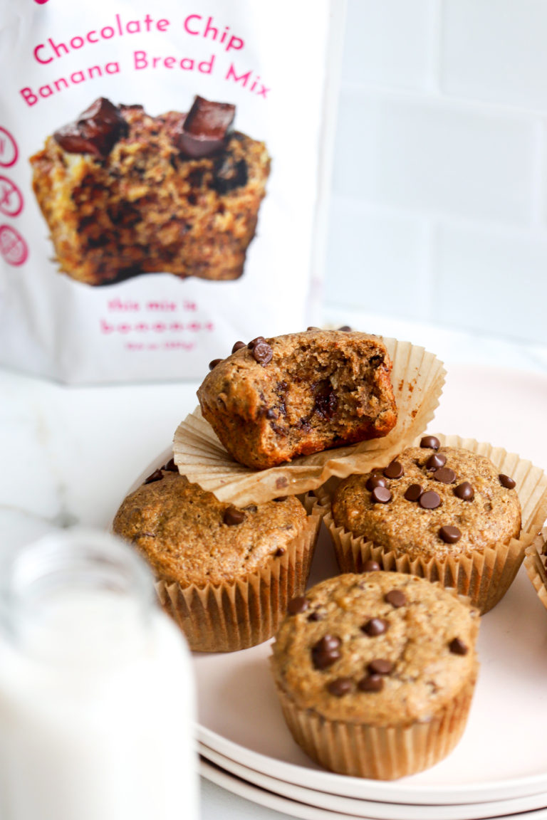 gluten free vegan muffins with banana bread mix in the background