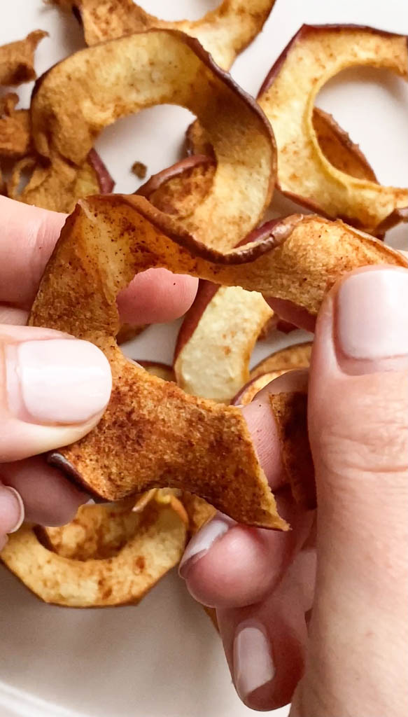 airfryer apple chips in humans hands being broken apart