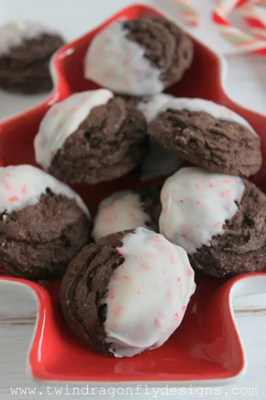 peppermint dipped chocolate cookie recipe on red cookie platter