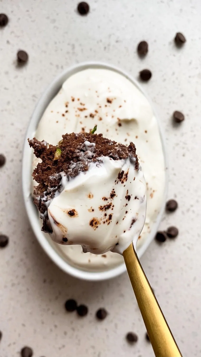 top down shot of chocolate zucchini baked oats with cream cheese icing and cocoa powder