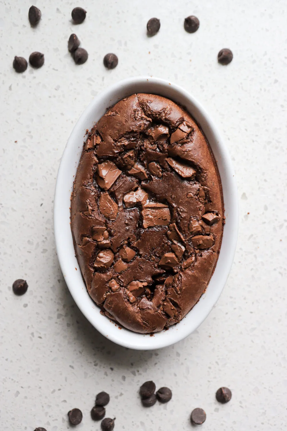 brownie batter baked oats in a white glass dish with chocolate chips and cocoa