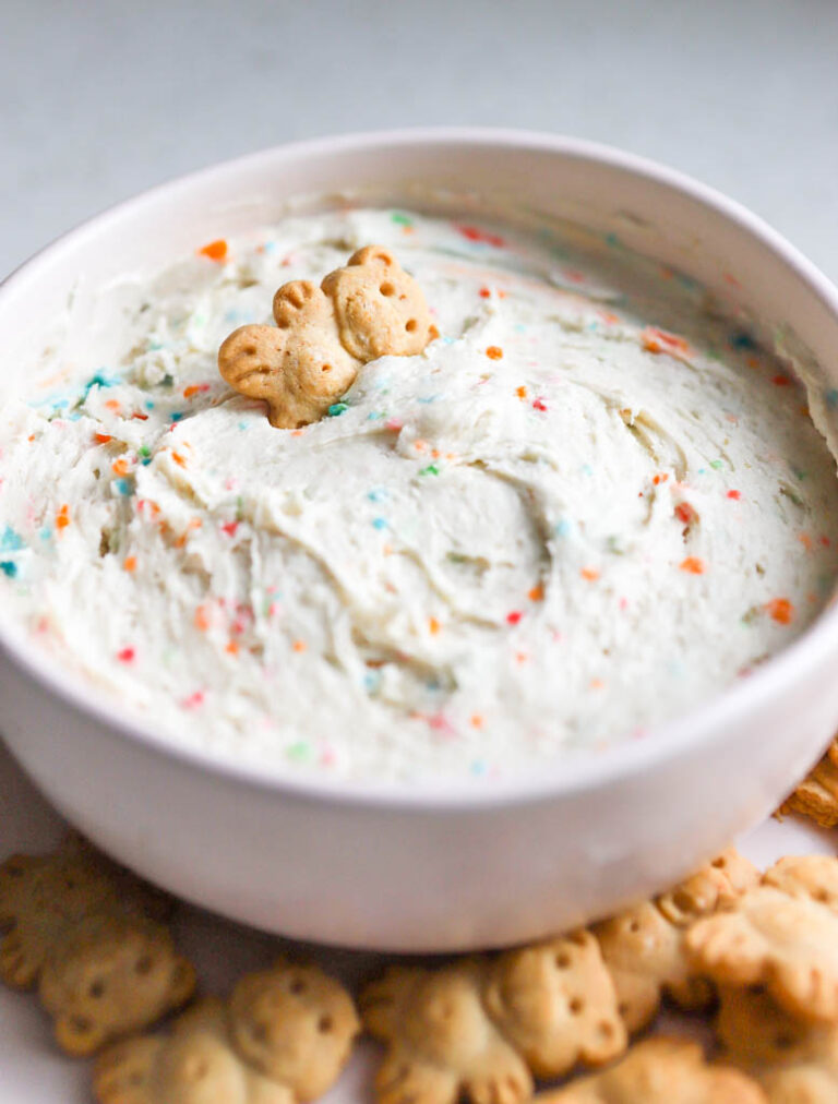 easy dessert dip with vanilla wafers in a pink bowl