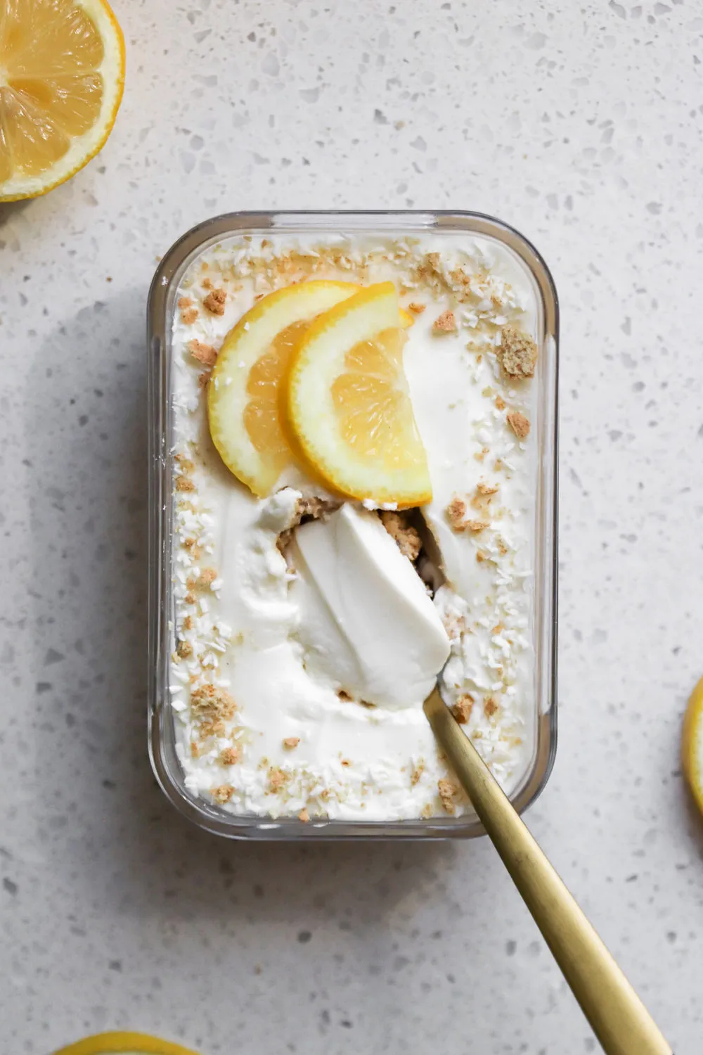 top down shot of lemon cheesecake overnight oats with quick oats