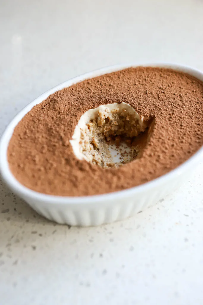 healthy tiramisu protein overnight oats with cocoa powder
