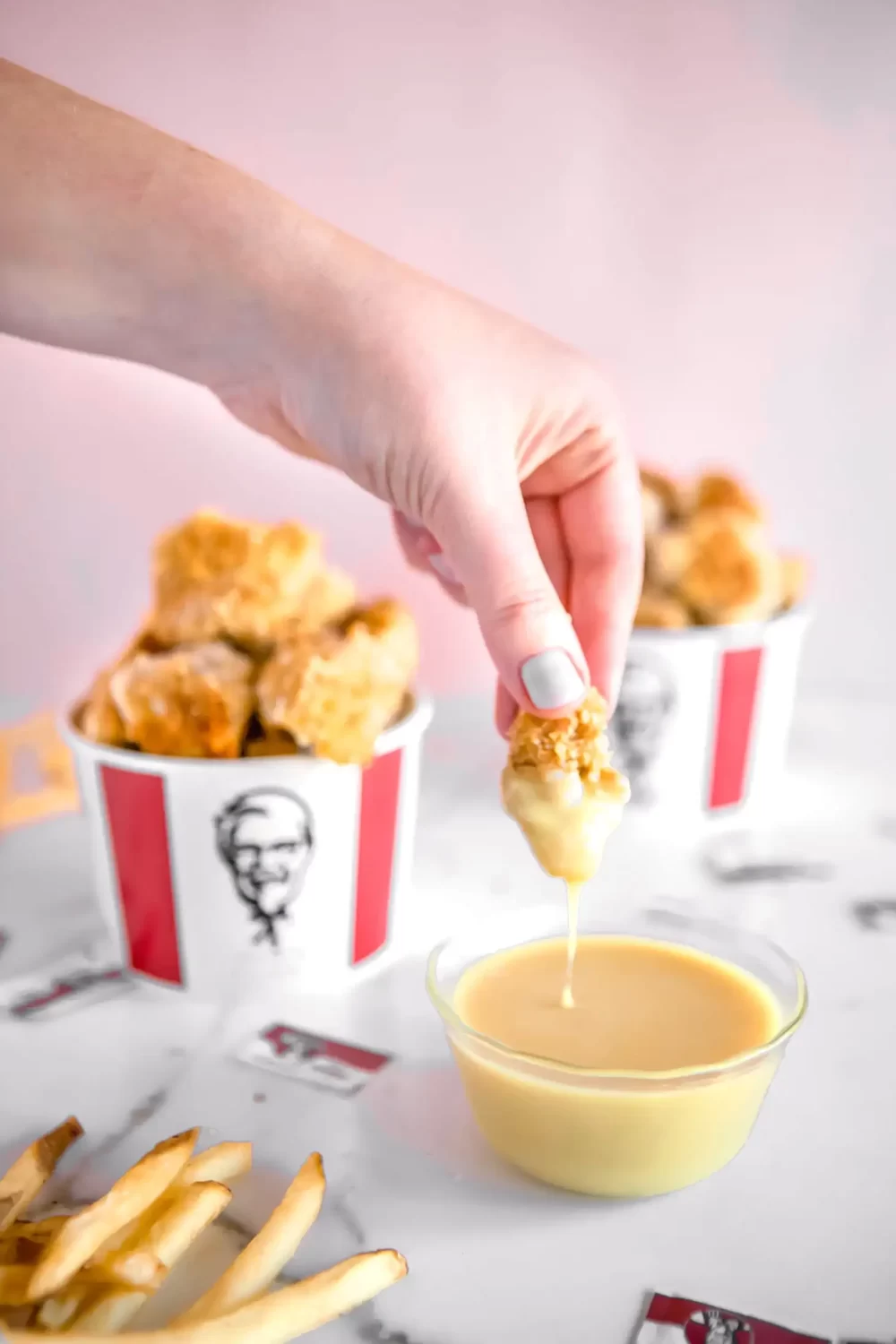 kfc style popcorn chicken with honey mustard dipping sauce