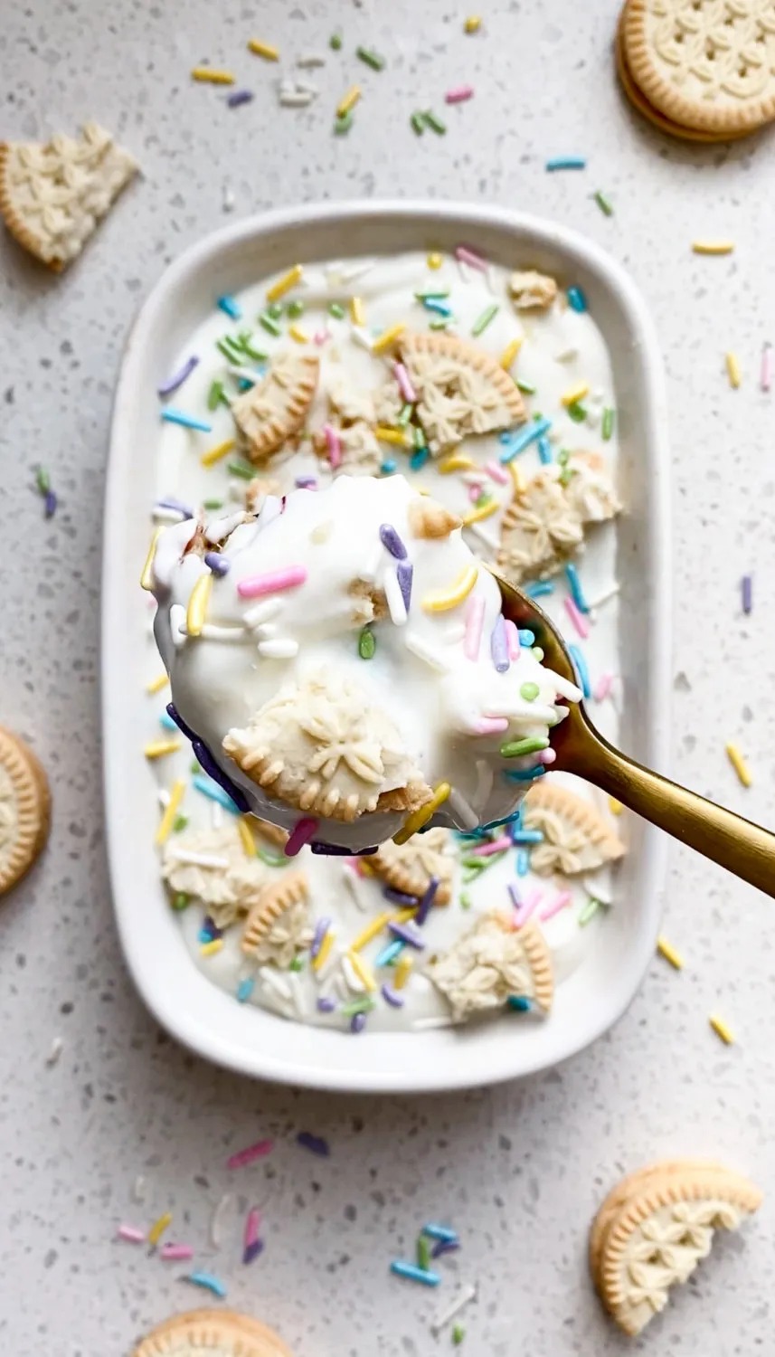 top down shot of sugar cookie baked oats in single serving dish