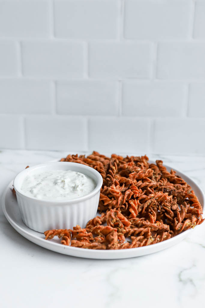 side shot of gluten-free pasta with favorite dipping sauce