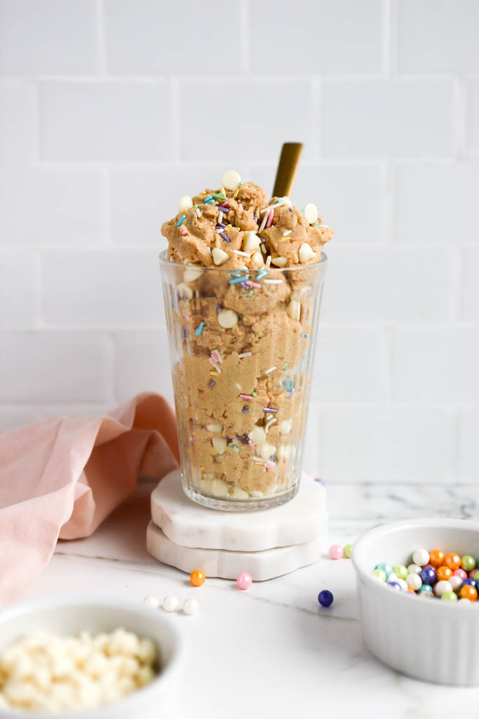 birthday cake cookies with rainbow sprinkles in a glass