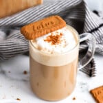 Biscoff cookie butter latte in a mug with Lotus Biscoff cookies