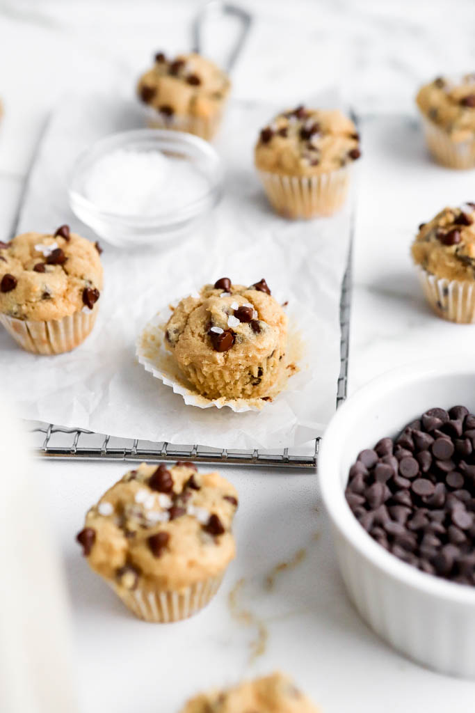 mini chocolate chips in mini muffin tin