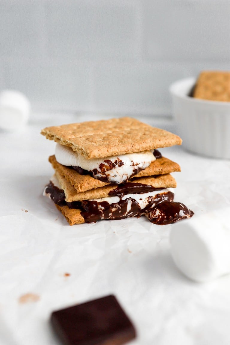 side view of air fryer s'mores recipe with jumbo marshmallows