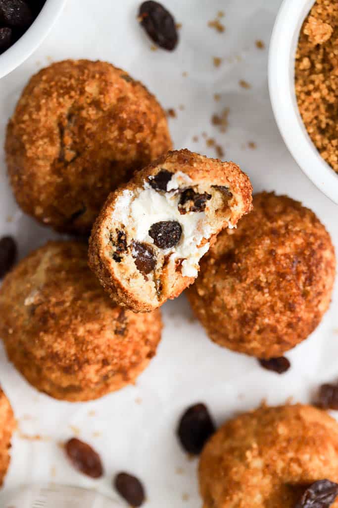 top down close up view of cinnamon raisin bagel bites