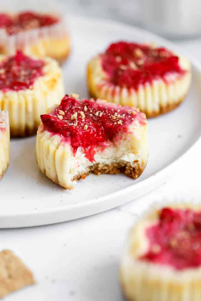 bite shot of mini cheesecake on white plate