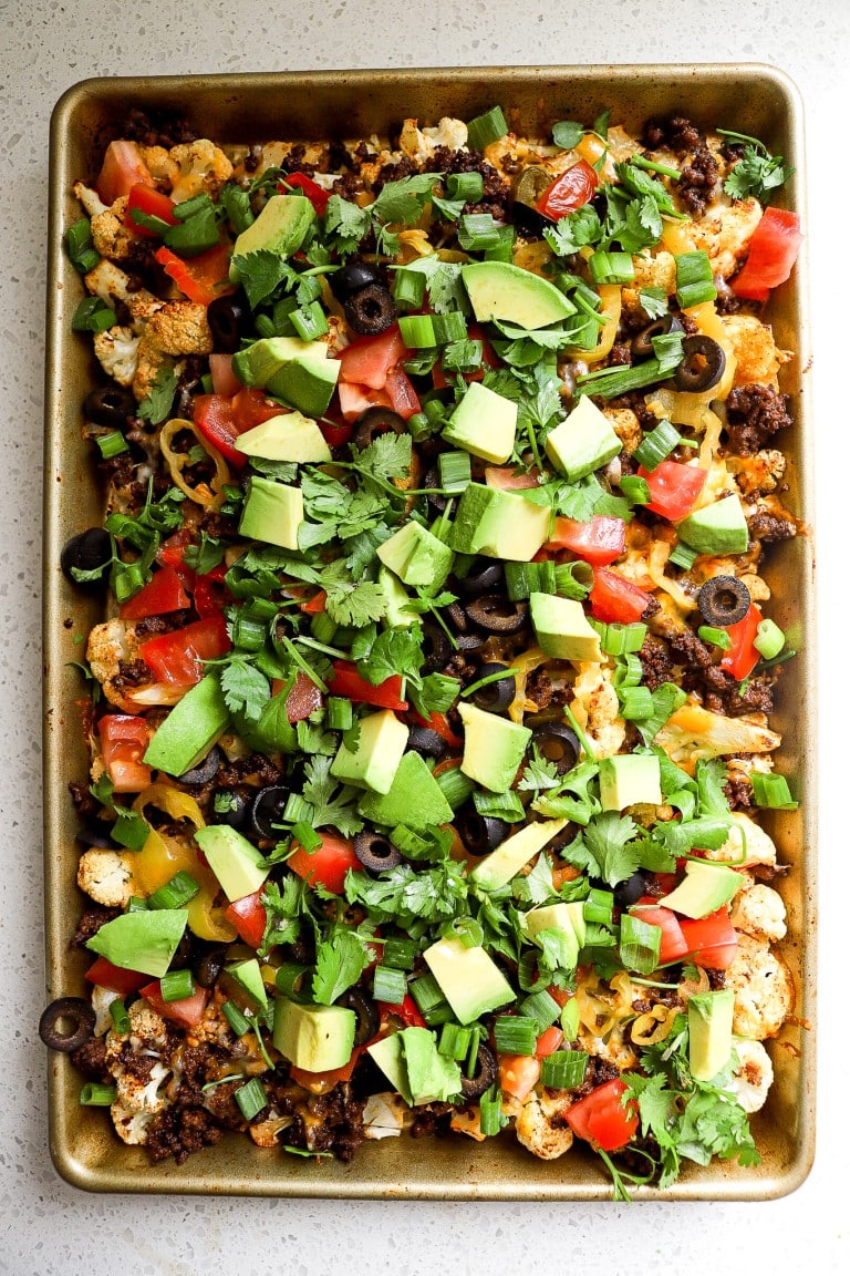 top down view of loaded cheesy cauliflower nachos recipe