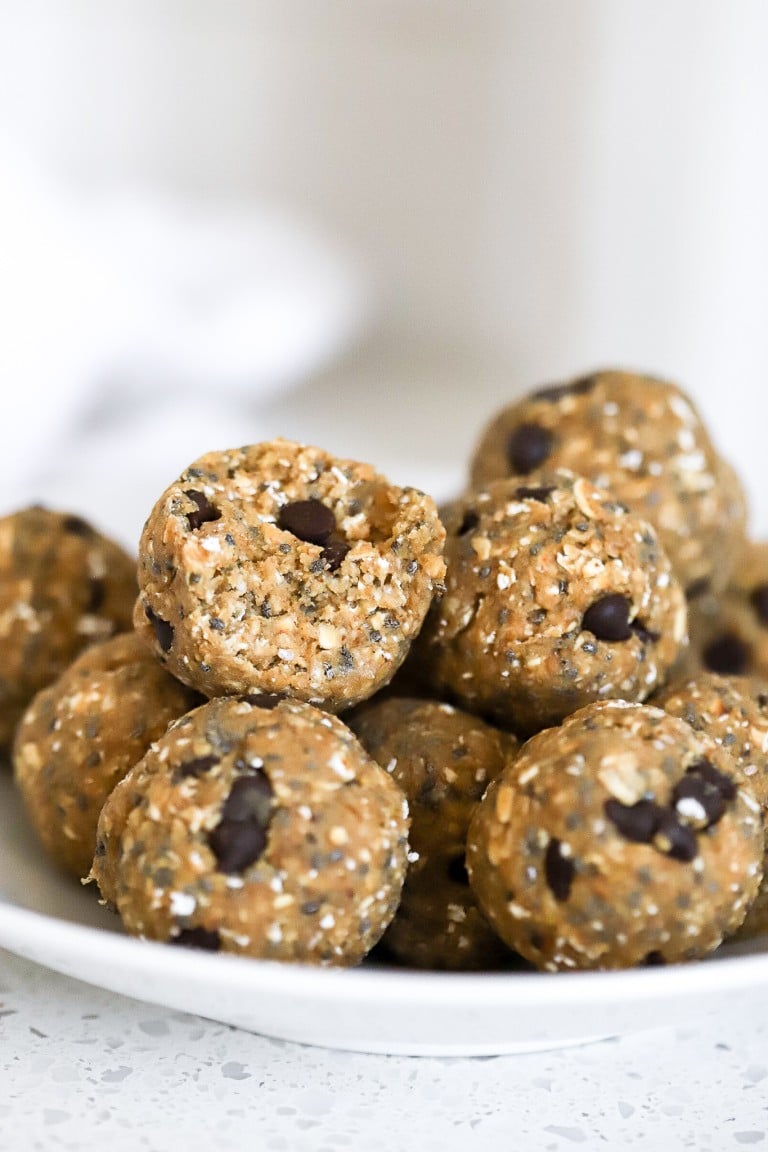 close up shot of natural peanut butter protein balls with mini chocolate chips