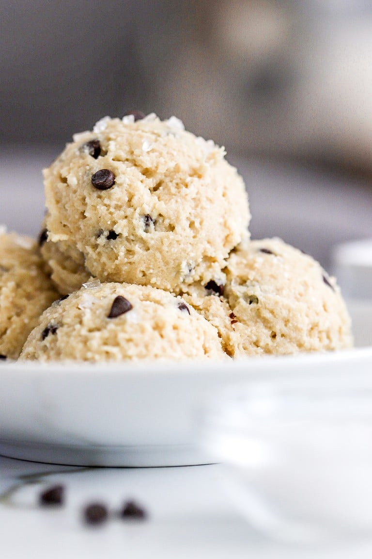 close up side view of viral cottage cheese cookie dough with mini chocolate chips