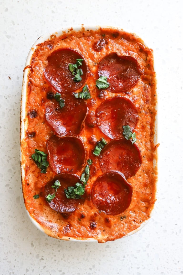 top down view of cottage cheese pizza bowl with turkey pepperoni