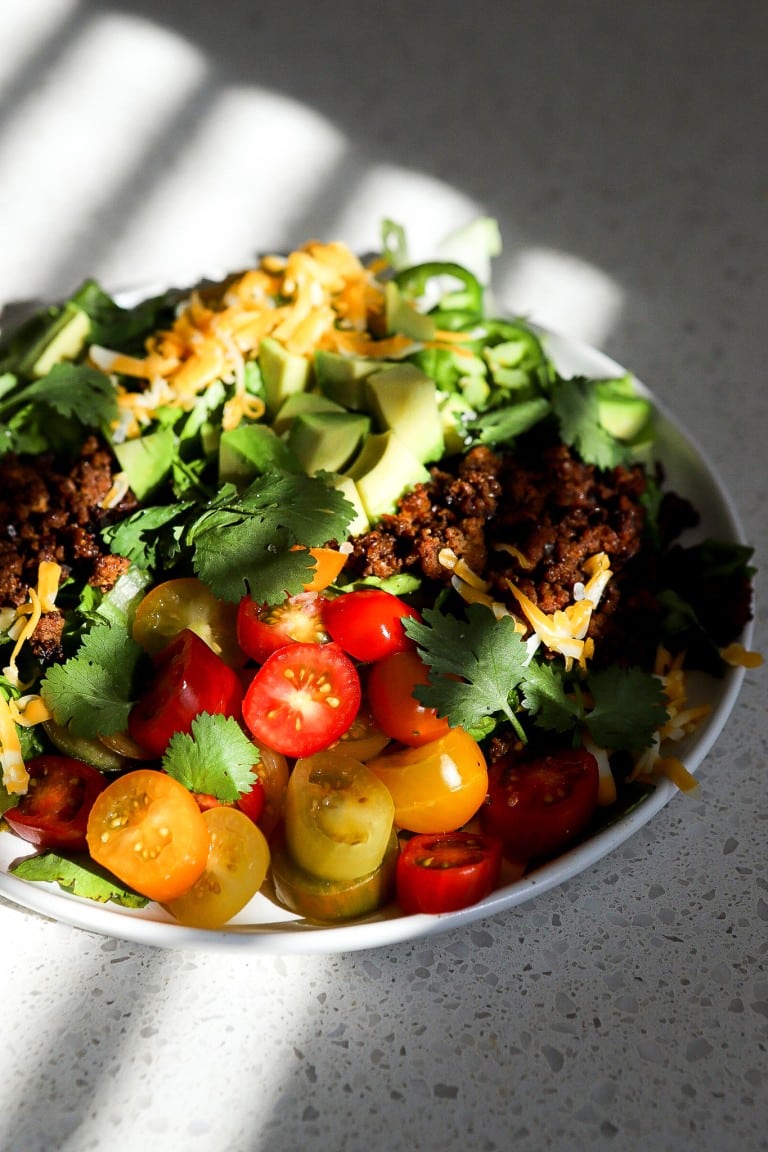 close up shot of keto salad recipe in the sunlight