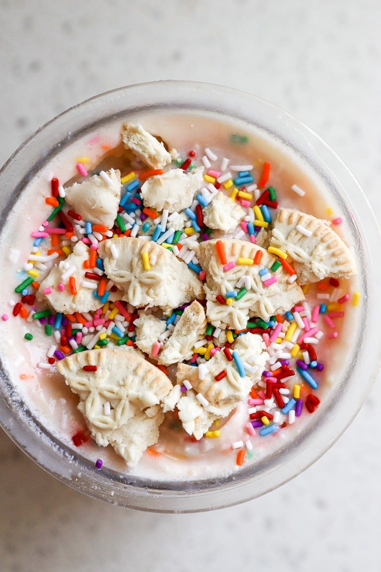 top down close up view of ninja creami protein ice cream with sprinkles