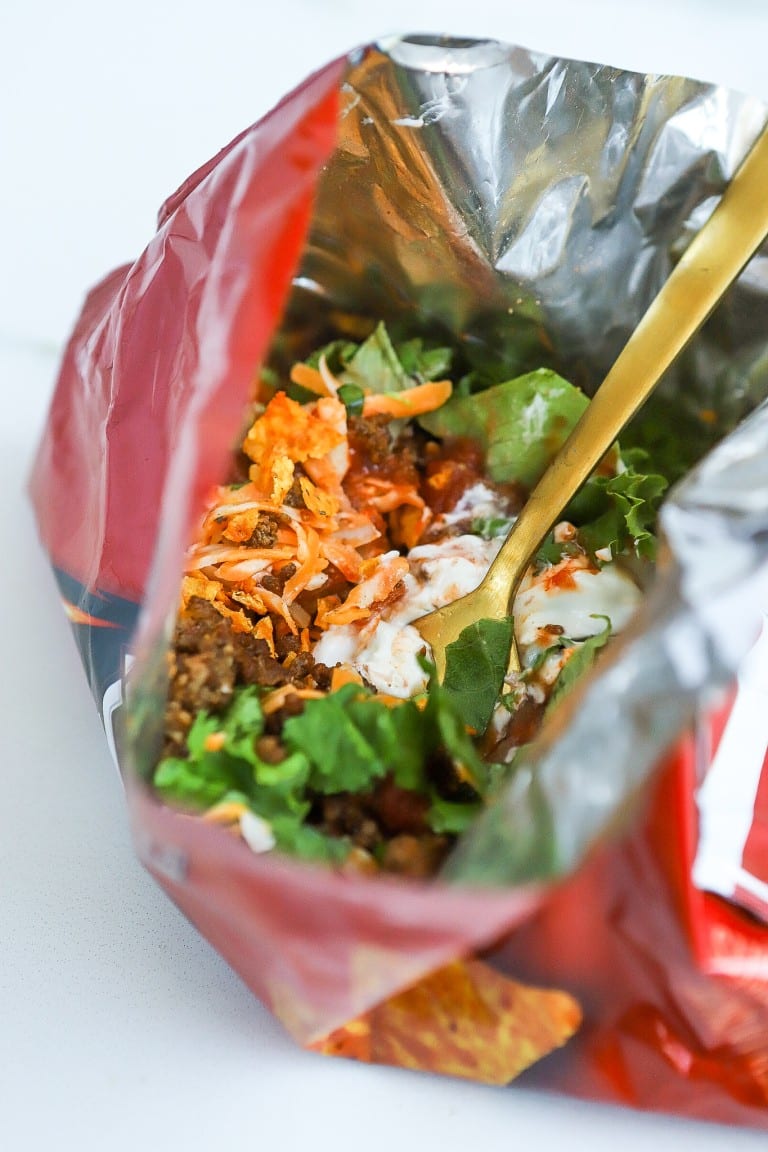 side angle of inside dorito bag with an easy walking taco recipe