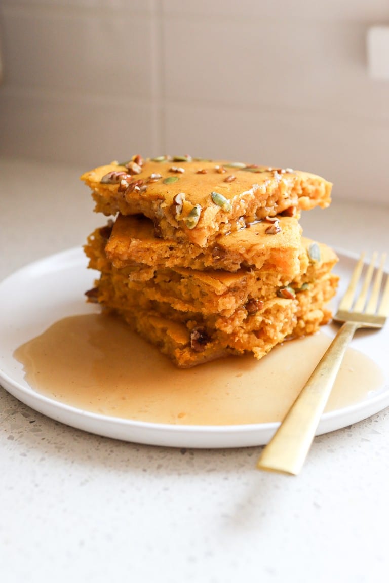 a stack of healthy pumpkin pancakes