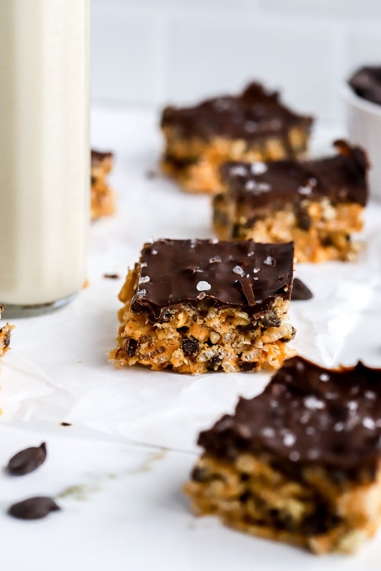 side angle of delicious chocolate crunch bites with flaky sea salt