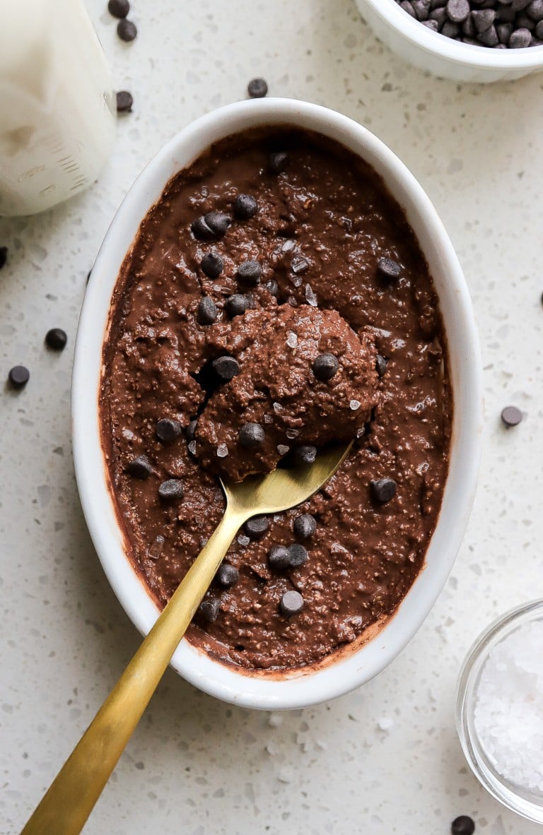 top down view of brownie batter overnight oats with chocolate chips