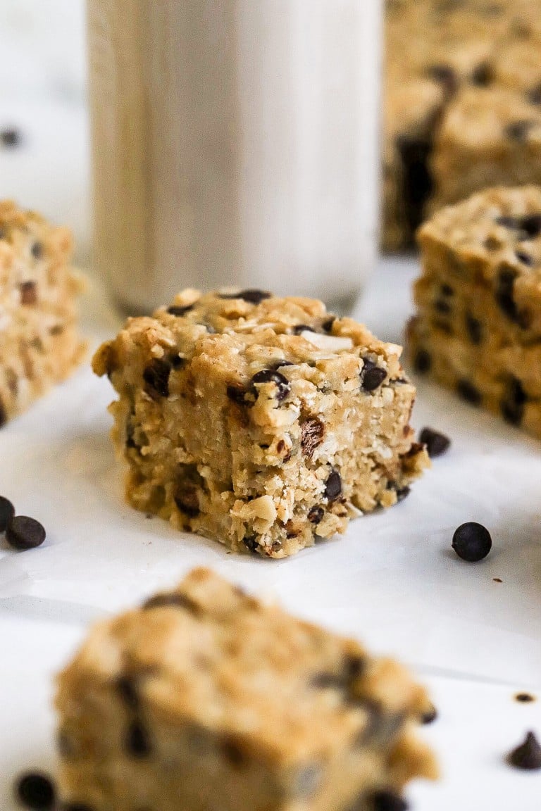 close up view of oatmeal chocolate chip heavenly hunks