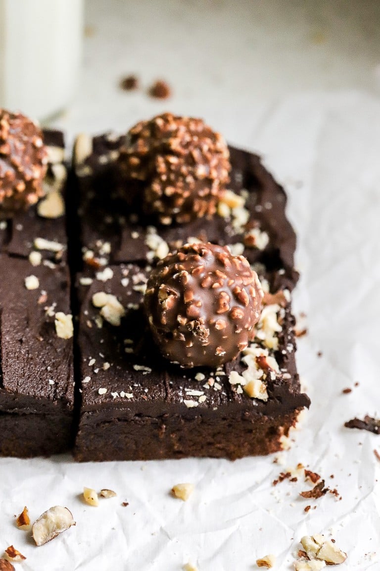 side angle of chocolate ferrero rocher bars with crushed hazelnuts