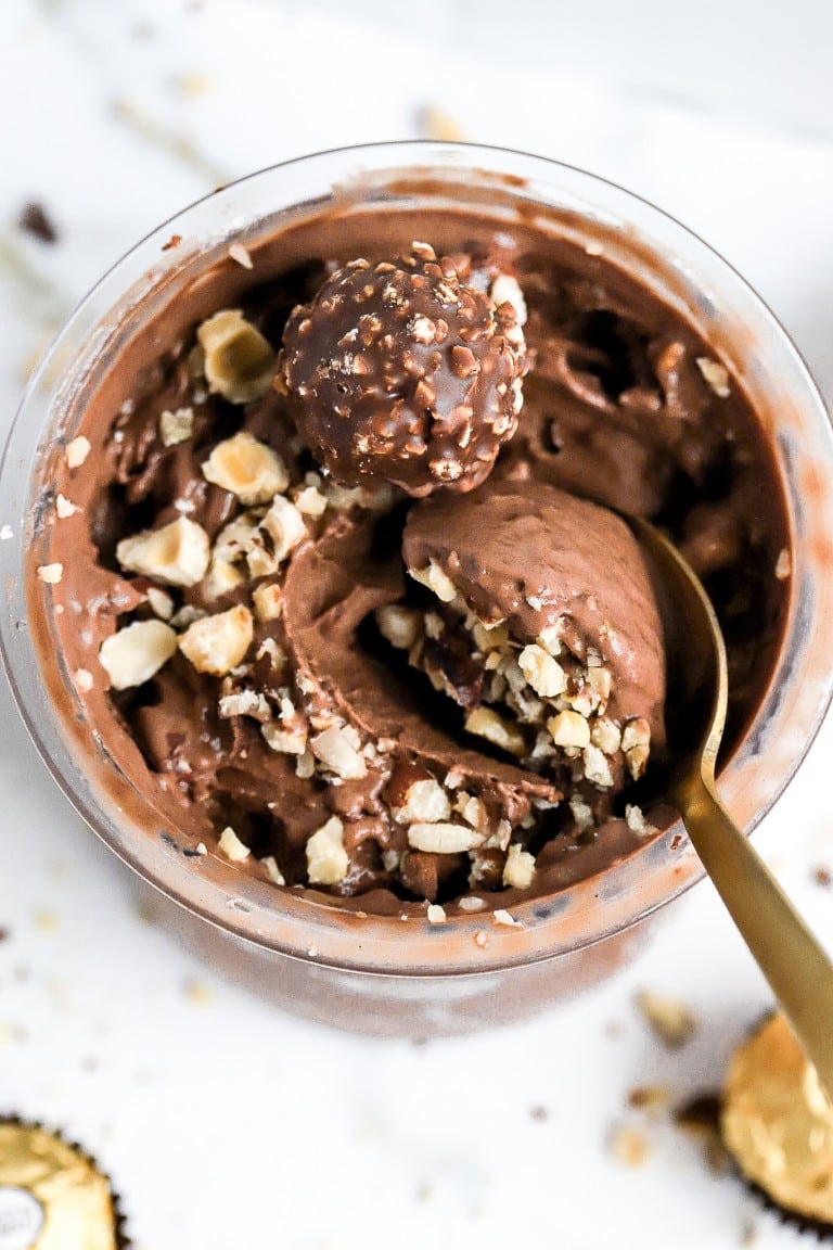 top down view of chocolate hazelnut protein ice cream with ferrero rocher