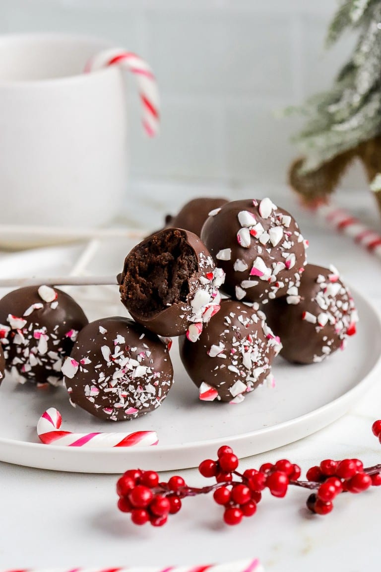 side angle of chocolate peppermint cake pops on white plate