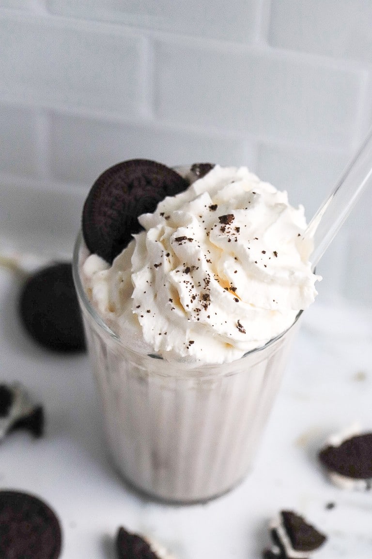 top down view of cookies and cream protein shake with whipped cream