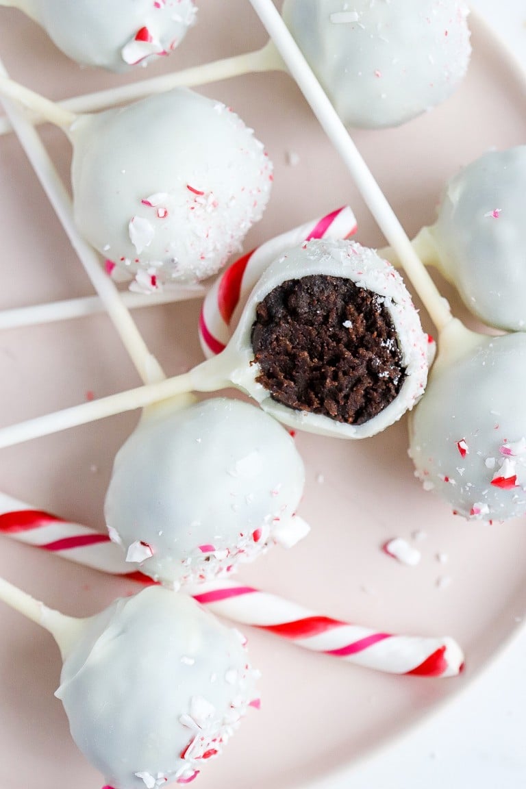 top down view of easy chocolate peppermint cake pops with candy canes