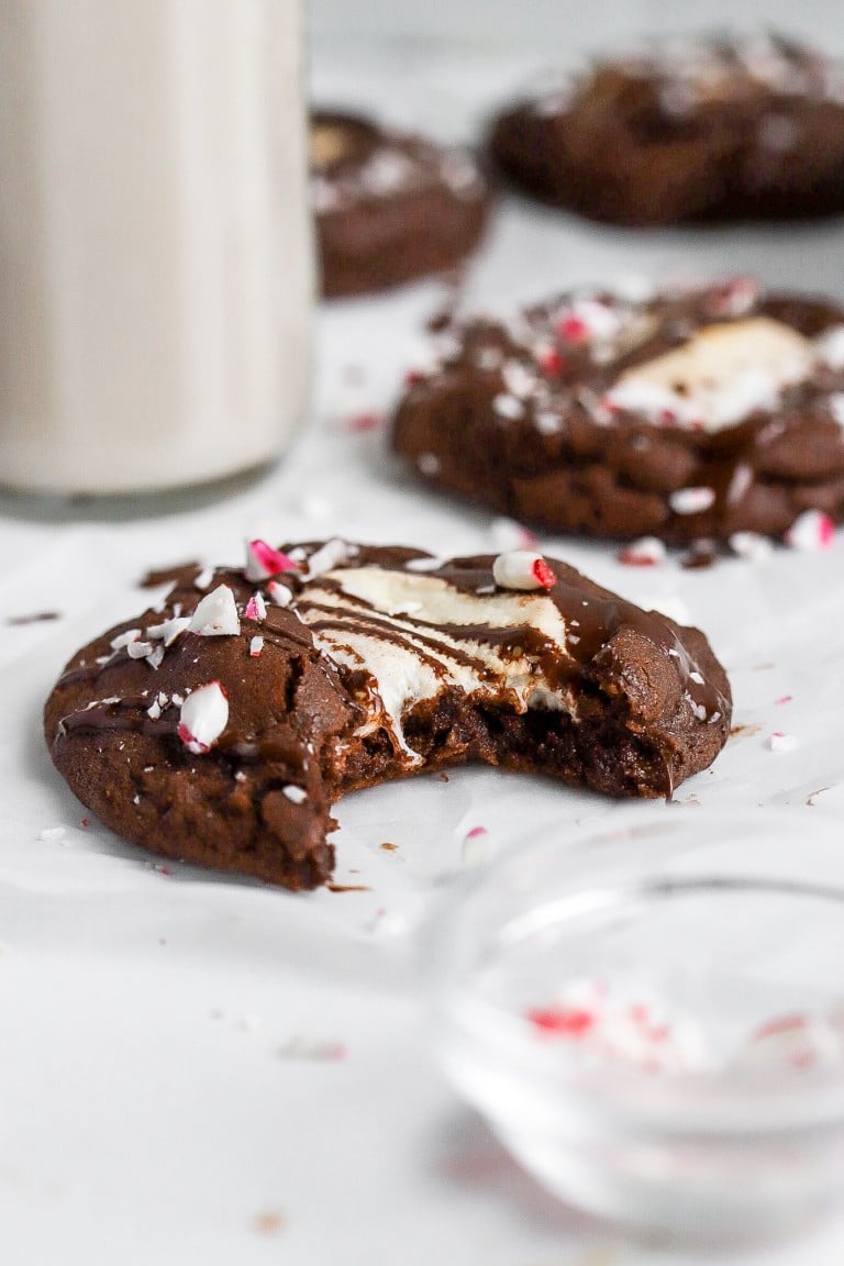 bite shot of gluten free hot cocoa cookies with marshmallows in the middle