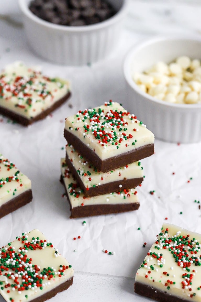 white chocolate peppermint fudge with semi-sweet chocolate bottom layer