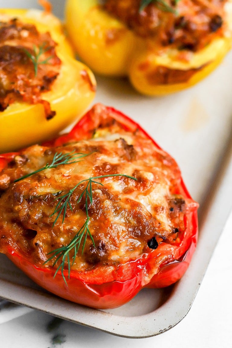 close up shot of air fryer stuffed peppers