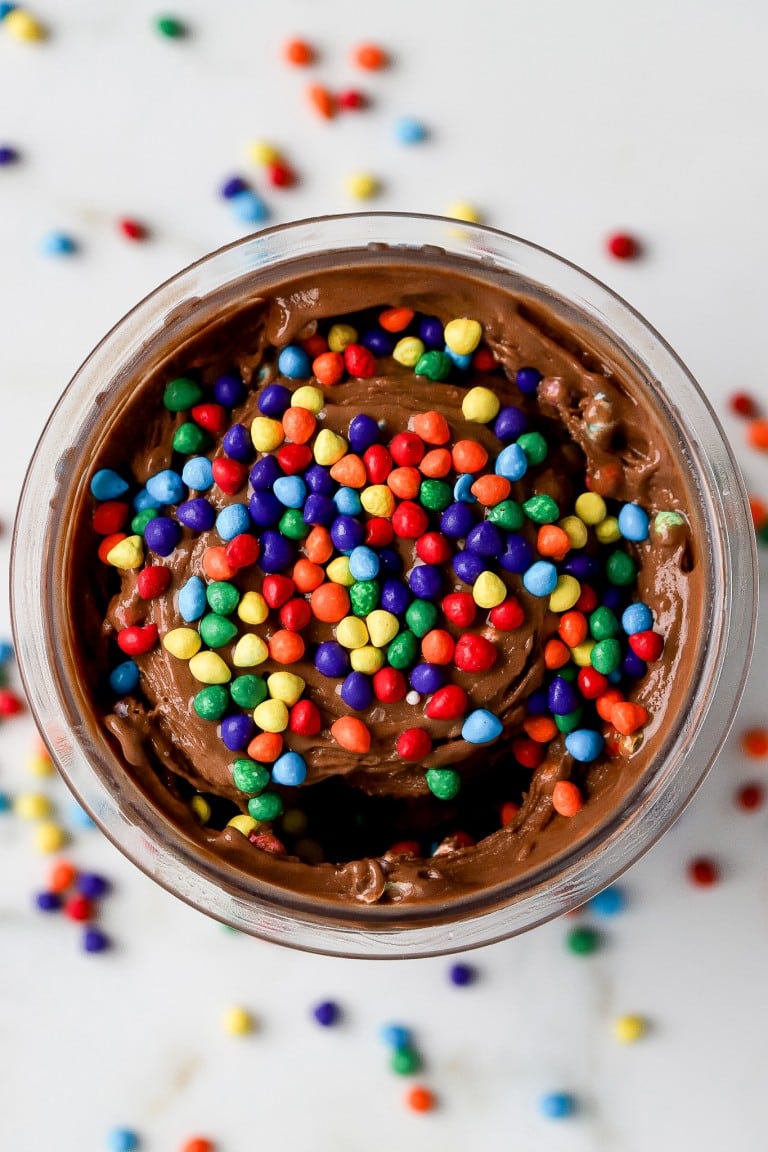 top down view of cosmic brownie protein ice cream with rainbow sprinkles