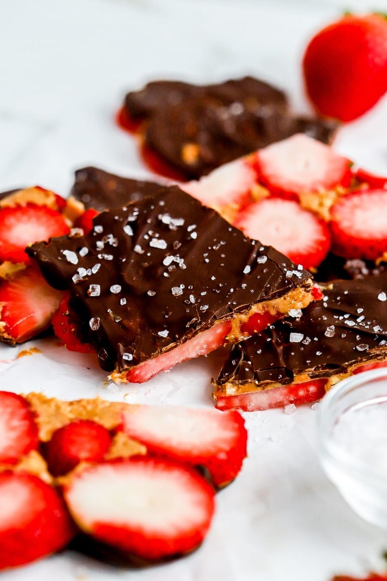 side angle of dark chocolate peanut butter strawberry bark recipe