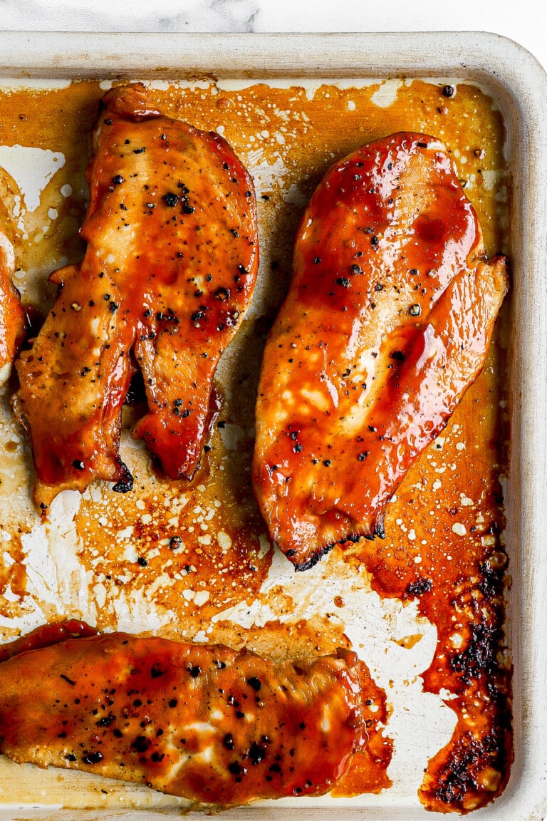 top down view of delicious teriyaki chicken on air fryer tray