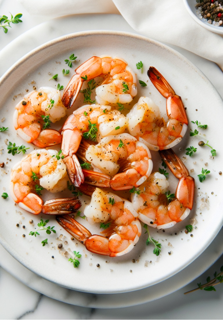 close up top down shot of air fryer shrimp on white plate with fresh herbs