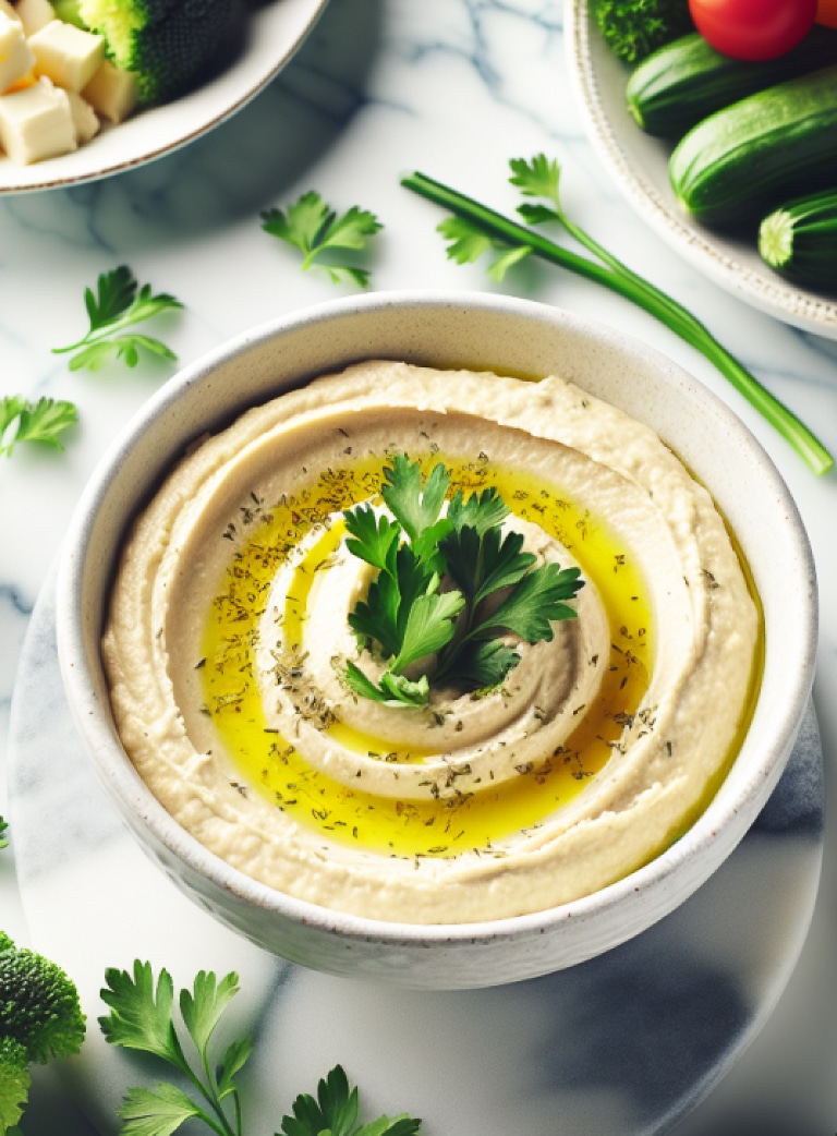 top down shot of high protein hummus in a bowl with cilantro on top