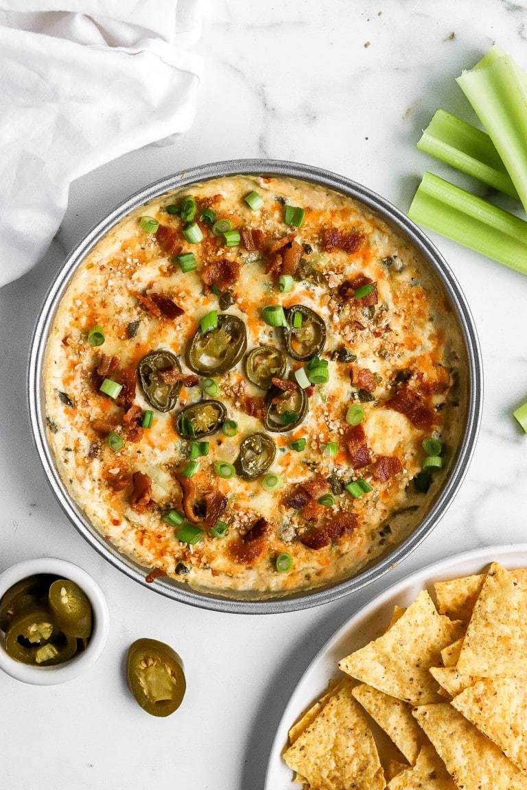 top down view of jalapeno cream cheese dip in round pan