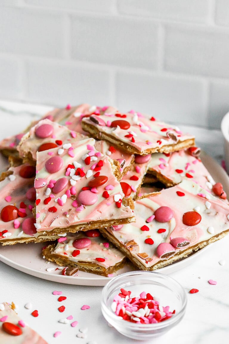 side view of valentines day crack recipe on white plate