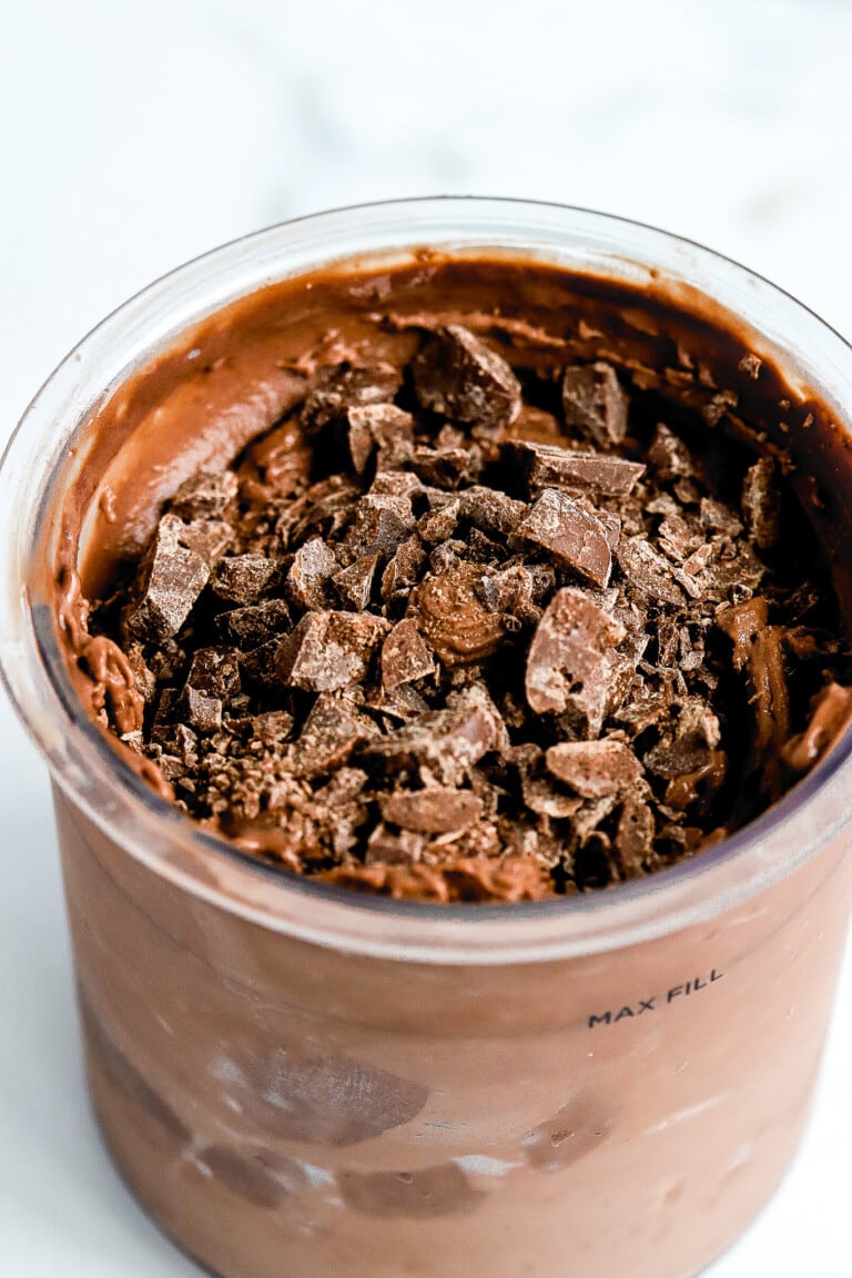 side angle of chocolate protein ice cream recipe with Kit Kat pieces on top
