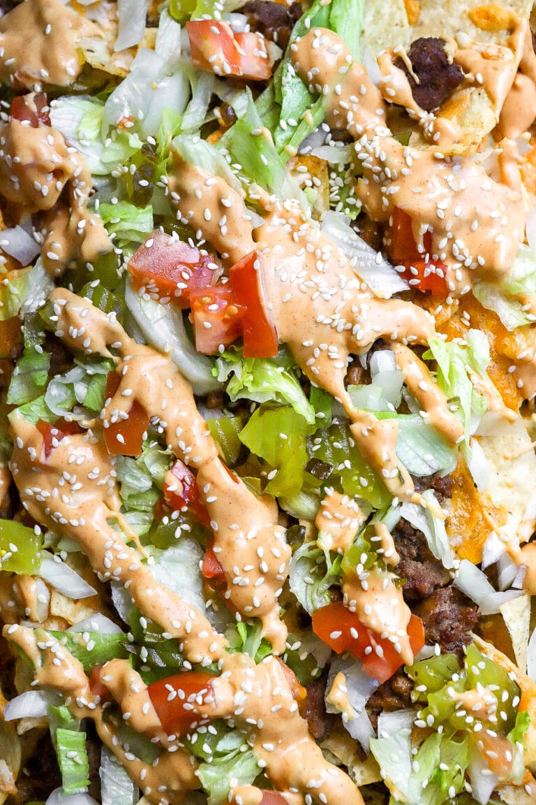 Top down view of easy Big Mac nachos with homemade burger sauce.